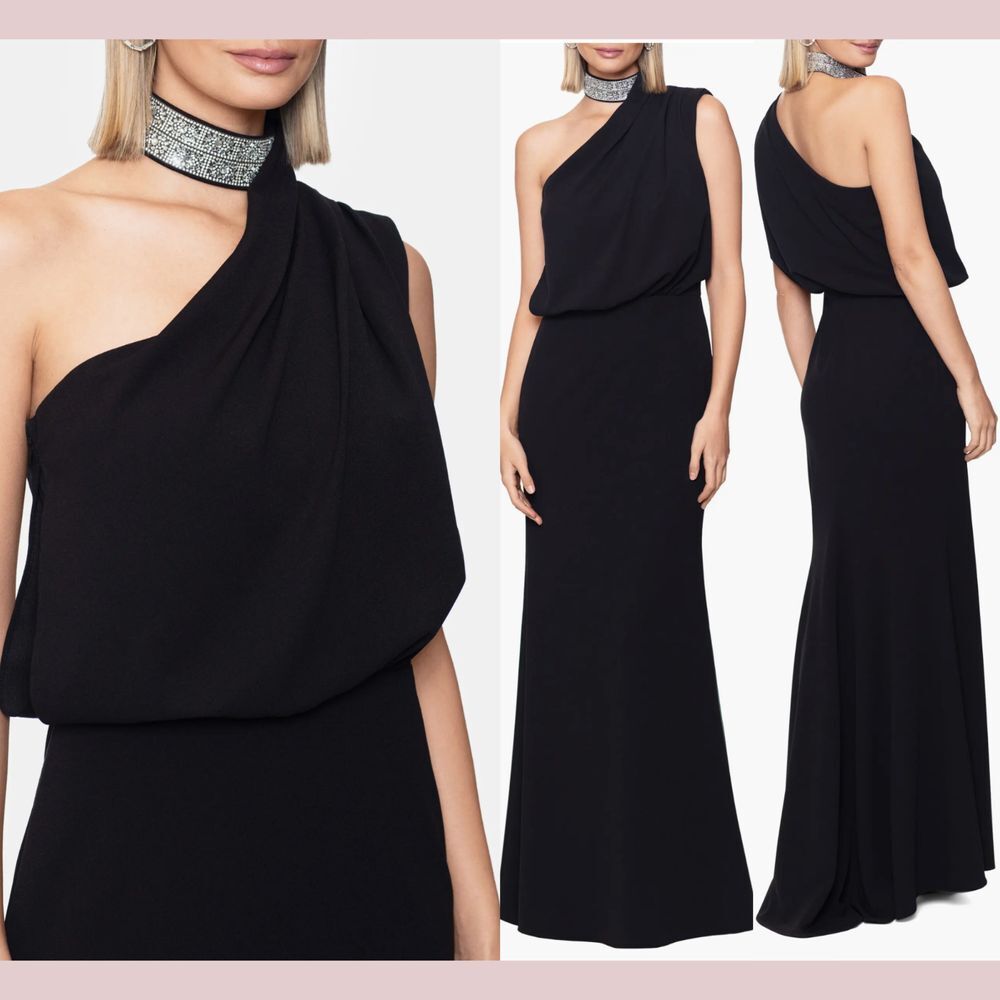 NEW $269 Betsy & Adam [ 14 ] Crystal‎ Mock Neck One-Shoulder Gown Black
